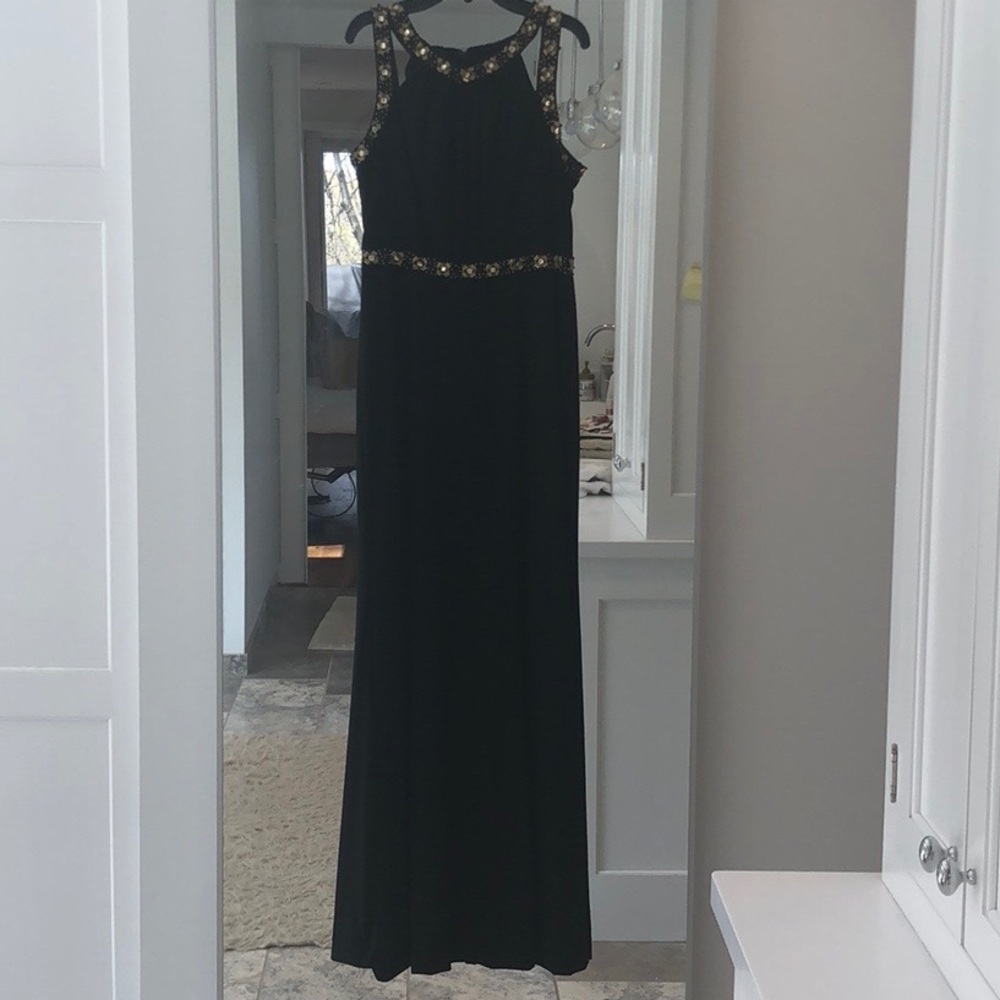 Black & gold beaded evening gown with cut-outs